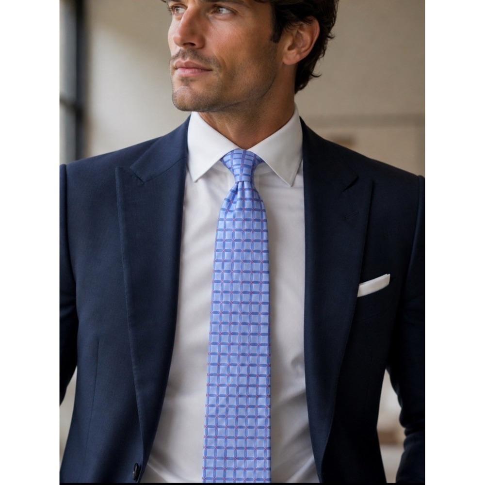 Ermenegildo Zegna Silk Tie Blue Check Pattern Wide Italy Preppy MINT